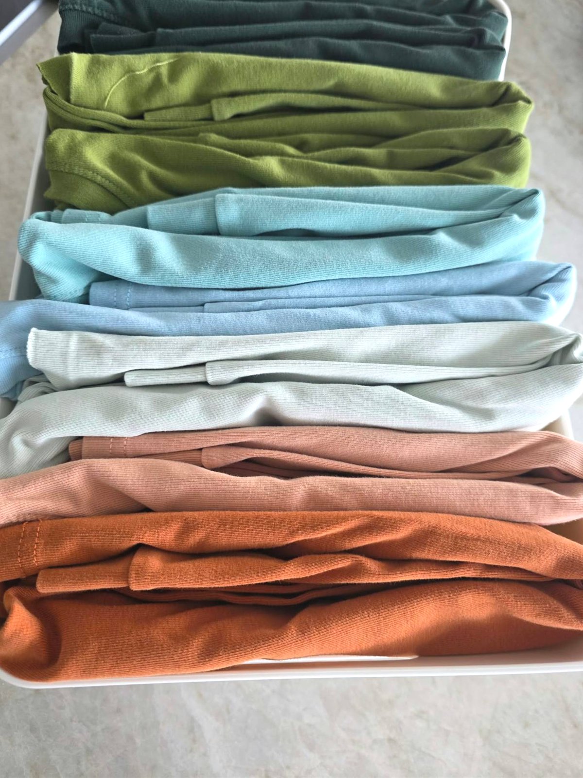 Cajón de camisetas dobladas de pie y ordenadas por color